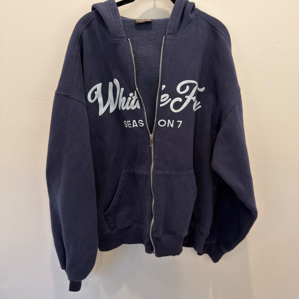 White Fox Boutique Season 7 Zip Up Hoodie Navy Blue Puff Print L/XL